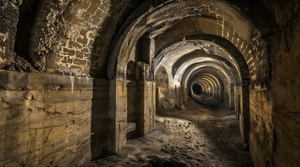 Underground labyrinth of twisting tunnels and secret chamber. Gloomy place, ghosts, dust, secret tunnel, paranormal, gothic, middle ages, ruins, dampness, mysticism, fear. Generative by AI