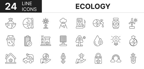 Collection of 24 ecology line icons featuring editable strokes. These outline icons depict various modes of ecology, nature, farm, green, sign, flat, co2.