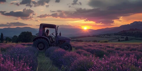 A tractor driving through a field of purple flowers. Suitable for agricultural concepts