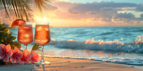 Two cocktail drink glasses on the beach. Tropical vacation background. Palm leaf and flowers, sea, ocean on background. Summer holiday travel theme. - 786586980
