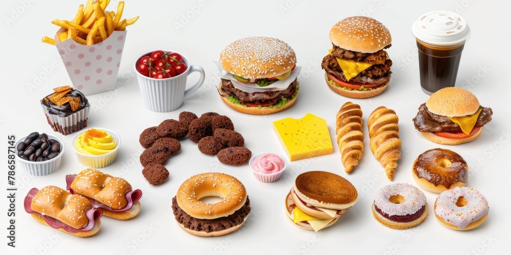 Poster a diverse selection of food items on a table, perfect for culinary concepts