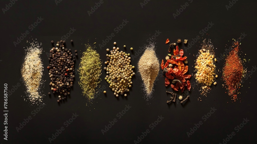 Aufkleber Assorted spices displayed on a black background, perfect for culinary concepts