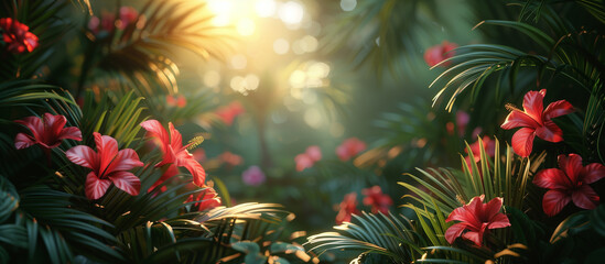 Tropical green plants and hawaiian hibiscus flowers on sun light background.	
