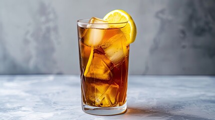Tall glass of iced tea spiked with vodka and garnished with lemon, drink with a degree, goblet, club, bar, alcohol aesthetics, aromatic drink and nice company concept. Generative by AI