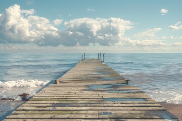 A wooden pier stretching out into the ocean. Suitable for travel and nature concepts