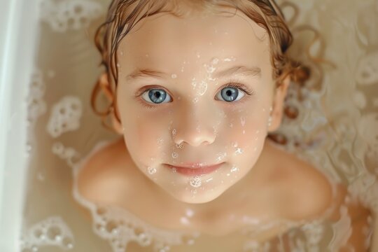 A cute little girl in a bathtub covered in soap. Ideal for hygiene or bath time concepts