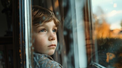 A young boy gazing out of a window, suitable for various concepts and designs - obrazy, fototapety, plakaty