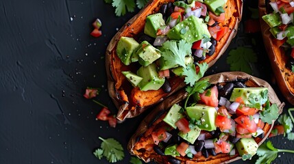 Stuffed sweet potatoes topped with black beans salsa and avocado, sprinkled with herbs. Restaurant dish, seasonal offering, proper nutrition, diet food. Culinary aesthetics concept. Generative by AI - obrazy, fototapety, plakaty