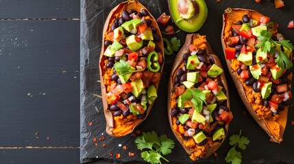 Stuffed sweet potatoes topped with black beans salsa and avocado, sprinkled with herbs. Restaurant dish, seasonal offering, proper nutrition, diet food. Culinary aesthetics concept. Generative by AI - obrazy, fototapety, plakaty