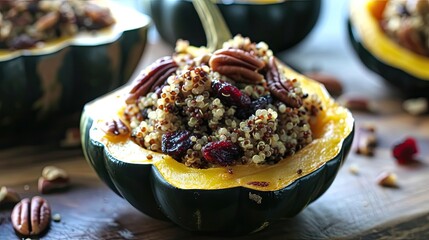 Stuffed acorn squash filled with quinoa cranberries and pecans, sprinkled with herbs. Restaurant dish, seasonal offering, proper nutrition, diet food. Culinary aesthetics concept. Generative by AI