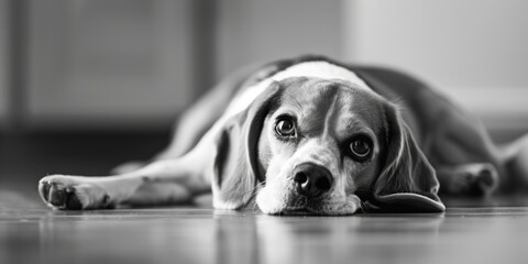 A peaceful black and white dog laying on the floor. Suitable for pet-related designs