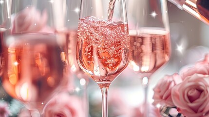 Sparkling rose wine poured into delicate crystal stemware, against a plain background, highlights. Alcohol, glass, golden liquid. High-quality product and its presentation concept. Generative by AI