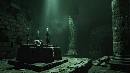 Sinister sacrificial altar in the depths of an ancient dungeon. Ruins, buildings of ancient civilizations, mysticism, paranormalism, otherworldly forces, magic. Generative by AI