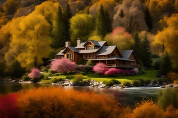 an inviting riverside home framed by the picturesque hues of blossoming trees and a burst of...