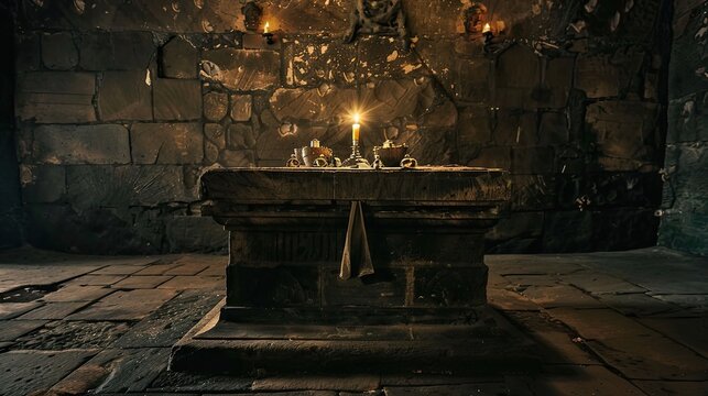 Sinister sacrificial altar in the depths of an ancient dungeon. Ruins, buildings of ancient civilizations, mysticism, paranormalism, otherworldly forces, magic. Generative by AI