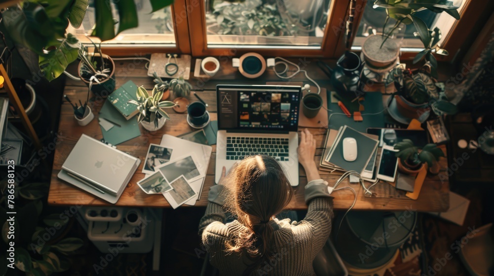 Poster a woman sitting at a desk with a laptop computer. ideal for illustrating remote work or technology c