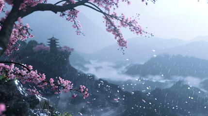 Rain-soaked cherry blossoms against a backdrop of misty mountains, evoking a sense of tranquility...