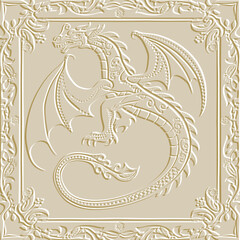 Ornamental emboss 3d chinese dragon gold seamless border pattern background with vintage frame. Zodiac sign, year of the Dragon. Relief embossed grunge vector background. Decorative dragon with wing