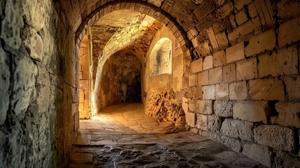 Secret underground passage leading to the heart of a medieval castle. Gloomy place, ghosts, dust, secret tunnel, paranormal, gothic, middle ages, ruins, dampness, mysticism, fear. Generative by AI
