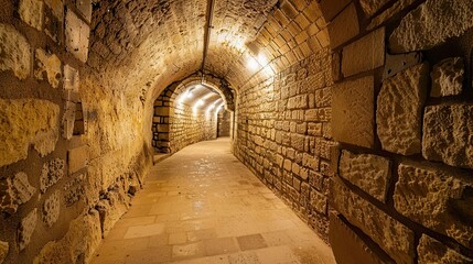 Secret underground passage leading to the heart of a medieval castle. Gloomy place, ghosts, dust, secret tunnel, paranormal, gothic, middle ages, ruins, dampness, mysticism, fear. Generative by AI