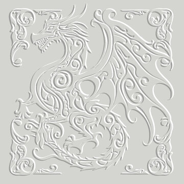 Ornamental emboss 3d chinese dragon white seamless border pattern background with vintage frame. Zodiac sign, year of the Dragon. Relief embossed grunge vector background. Decorative dragon with wing