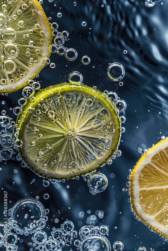 Poster fresh lemon slices floating in clear water, perfect for food and beverage concepts
