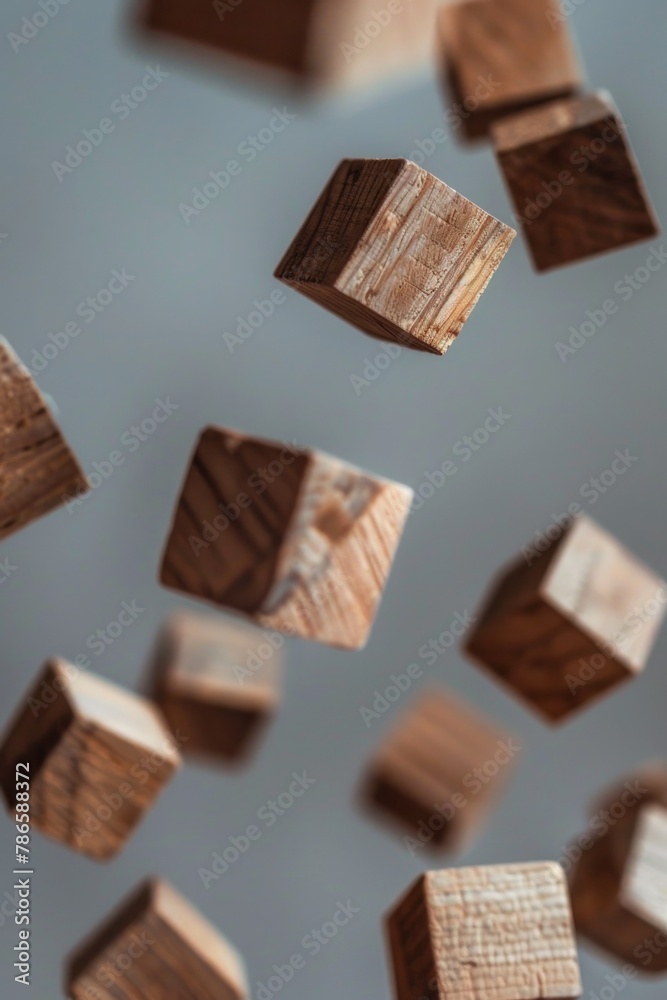 Poster a bunch of wooden cubes floating in the air. perfect for design projects