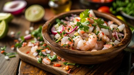 Ceviche dish symbol of peruvian gastronomy on a wooden table