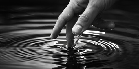 A person's hand reaching for a drop of water. Suitable for various concepts