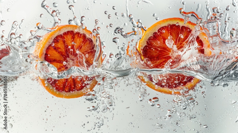 Poster Fresh blood oranges getting splashed with water. Suitable for food and beverage concepts