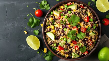 Quinoa and black bean salad garnished with cilantro and lime. Homemade dish, serving, close-up, diet food, easy to prepare. Culinary excellence, sophistication concept. Generative by AI