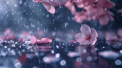 Raindrops delicately trickling down cherry blossom petals, capturing the ephemeral beauty of nature...