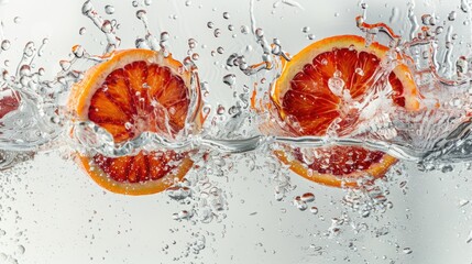Fresh blood oranges getting splashed with water. Suitable for food and beverage concepts - obrazy, fototapety, plakaty