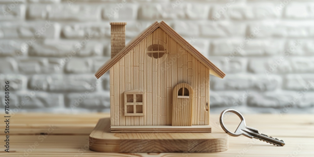 Poster wooden model of a house with a key in front. ideal for real estate concepts