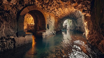 Mysterious underground river flowing through depths of old castle. Gloomy place, ghosts, paranormal, gothic, middle ages, ruins, mysticism, uncomfortable place, ancient sewer. Generative by AI