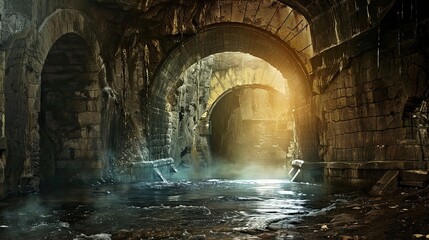 Mysterious underground river flowing through depths of old castle. Gloomy place, ghosts, paranormal, gothic, middle ages, ruins, mysticism, uncomfortable place, ancient sewer. Generative by AI