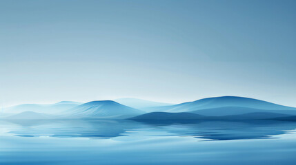A tranquil scene featuring a nearby water surface and distant mountains, all bathed in a soothing blue hue, evoking a sense of sophistication and serenity