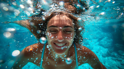 A smiling woman submerged in crystal-clear blue water, surrounded by bubbles and light rays