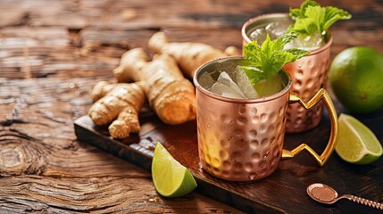 Moscow mule cocktail served in a copper mug with ginger beer and lime. Alcohol, glass, bar, club, quality drink, cocktail. People enjoy aromatic drinks, company of friends concept. Generative by AI - obrazy, fototapety, plakaty