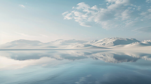 A tranquil scene featuring a nearby water surface and distant mountains, all bathed in a soothing blue hue, evoking a sense of sophistication and serenity