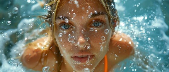 Striking wide-angle view of a woman face under water, her eyes capturing the essence of the ocean beauty