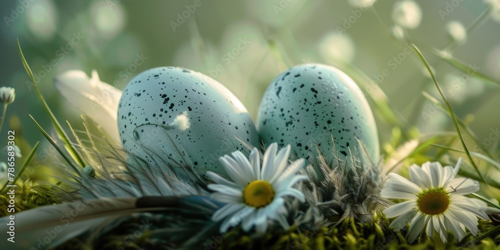 Poster close up of eggs in nest with colorful flowers, perfect for spring themes