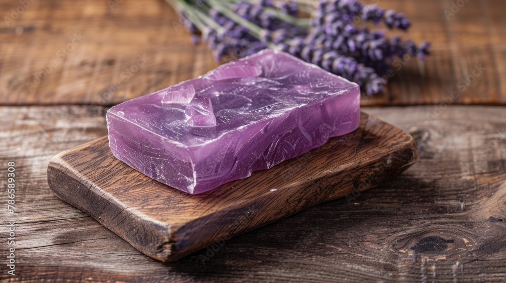 Poster a bar of soap resting on a rustic wooden cutting board, suitable for hygiene or household concepts