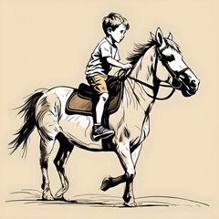 Fototapeta premium friendship, a young boy sits and rides a pony horse, happy active in nature outdoors in sports, fun, recreation, in spring and summer, relaxing childhood, child, girl, animal and people, lifestyle