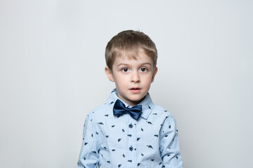 Portrait of a little boy with brown eyes in light blue shirt and bowtie looking inquisitively directly into the camera, light background.