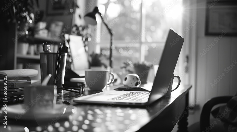 Poster A modern laptop computer on a rustic wooden desk. Suitable for technology and workspace concepts