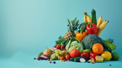Fresh produce on vibrant blue backdrop, perfect for healthy eating concept