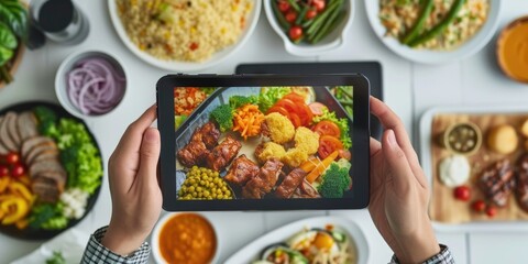 Person holding a tablet displaying a picture of food. Suitable for food bloggers or social media posts