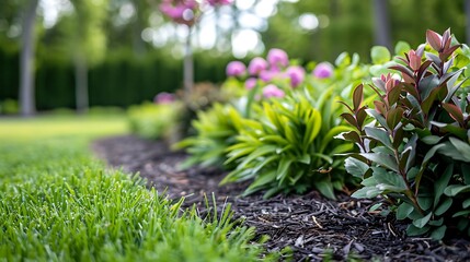 Close up of professionally landscaped flower bed with decorative green garden plants and evenly mowed lawn in the background - obrazy, fototapety, plakaty