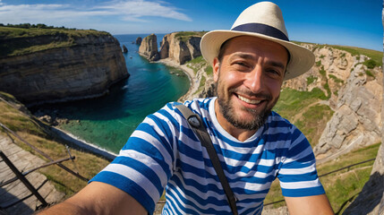 Smiling happy man summer hat taking selfie with smartphone on scenic sea landscape background